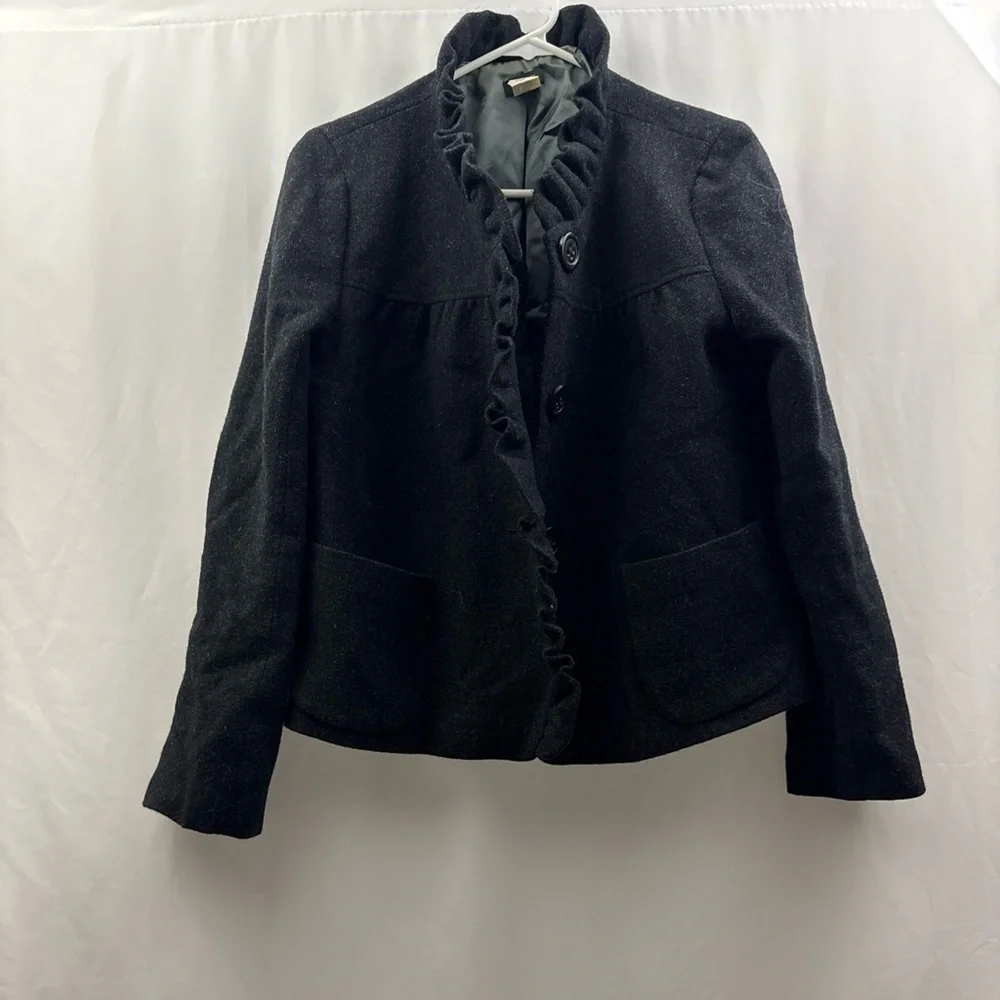 J Crew Fiona Ruffle Black Wool Tweed Jacket Blazer Size 10 Buttons
